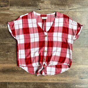 Universal Thread Plaid Short Sleeve V-Neck Button Front Crop Top Red S